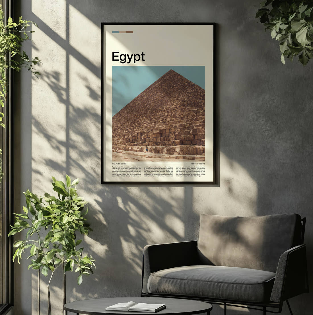 Egypt Great Pyramid Travel Print framed on the wall of a relaxed living room