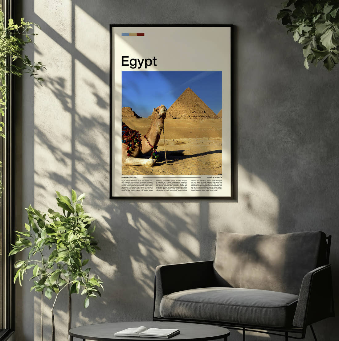 Egypt Camel And Pyramids Travel Print framed on the wall of a relaxed living room