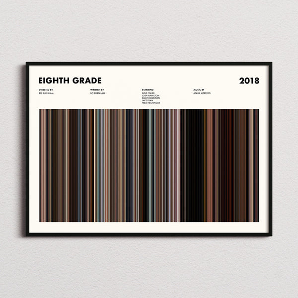 Eighth Grade Movie Barcode Poster framed and photographed straight on