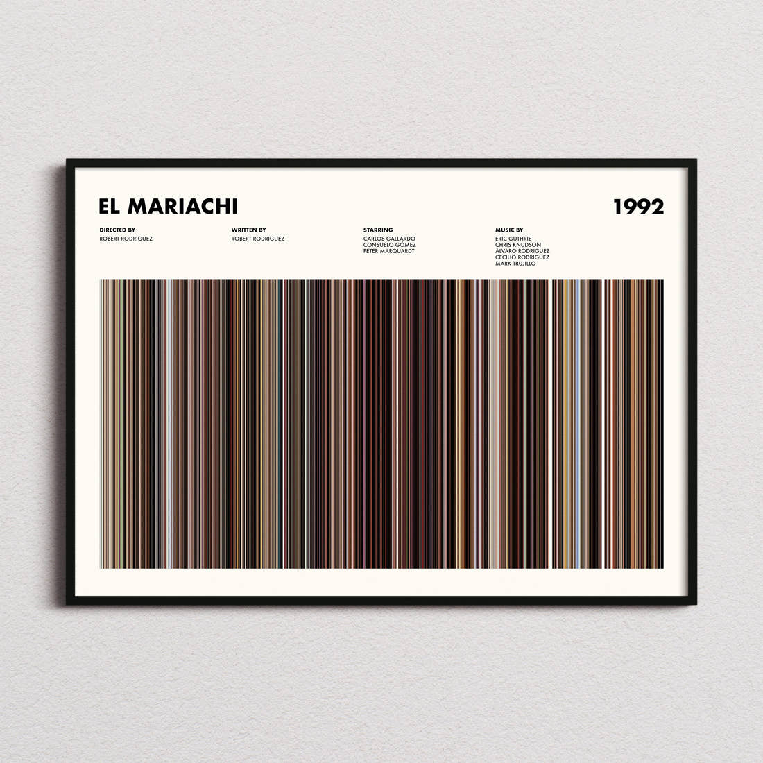 El Mariachi Movie Barcode Poster framed and photographed straight on