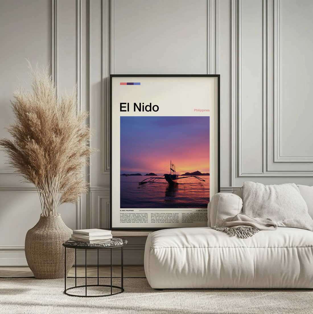 El Nido Outrigger Boat At Sunset Travel Print framed on the wall of a calm, neutral bedroom