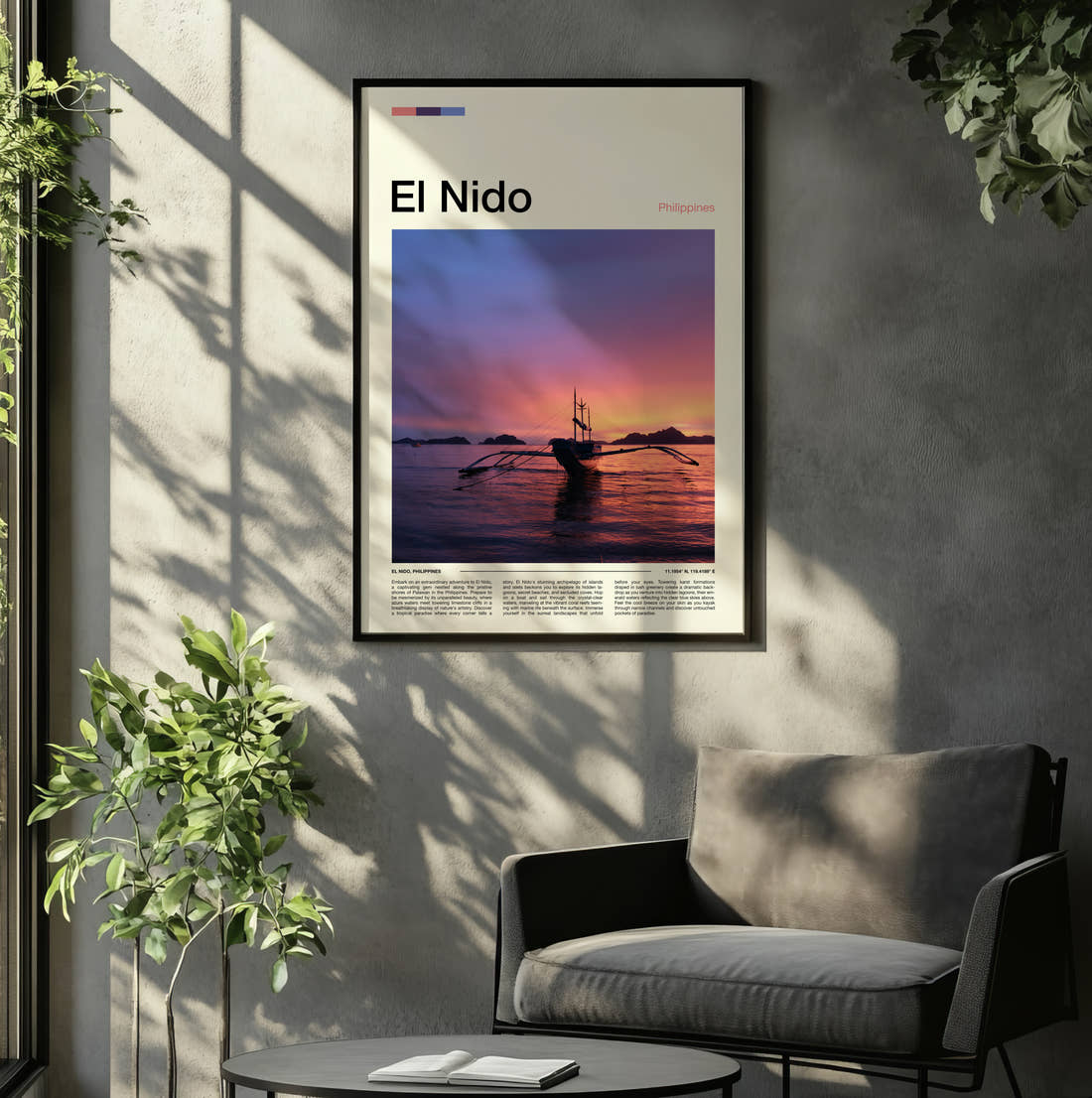 El Nido Outrigger Boat At Sunset Travel Print framed on the wall of a relaxed living room