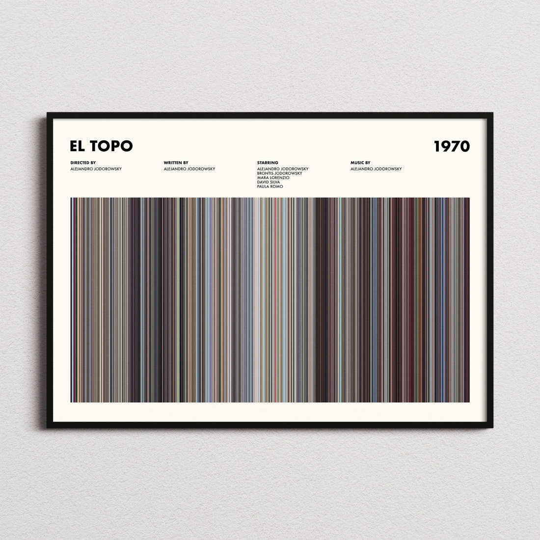 El Topo Movie Barcode Poster framed and photographed straight on