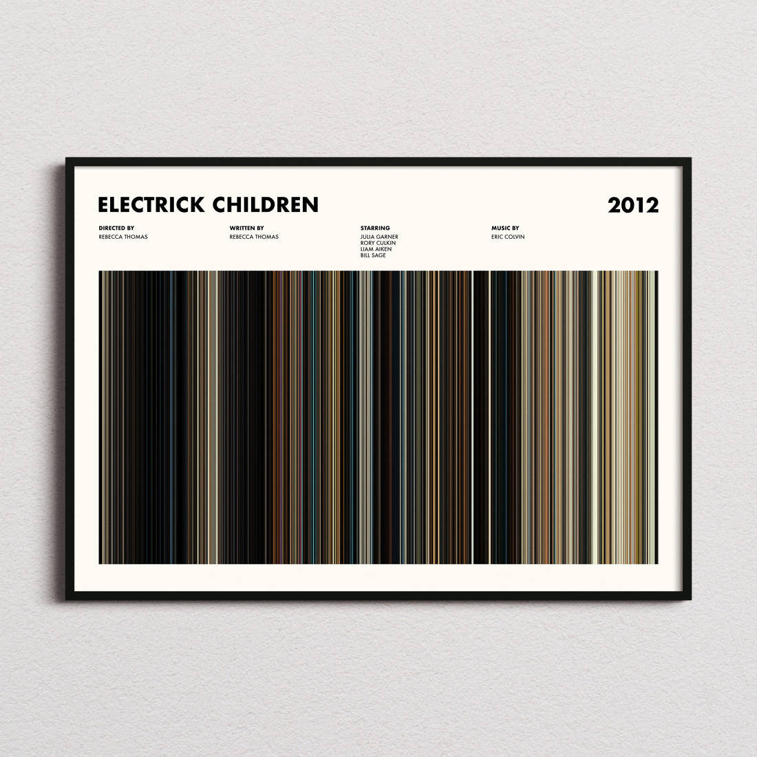 Electrick Children Movie Barcode Poster framed and photographed straight on