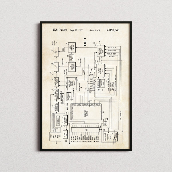 Electronic Music Synthesizer Patent Print in the aged paper colourway, framed