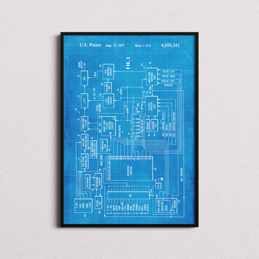 Electronic Music Synthesizer Patent Print in the blueprint colourway, framed