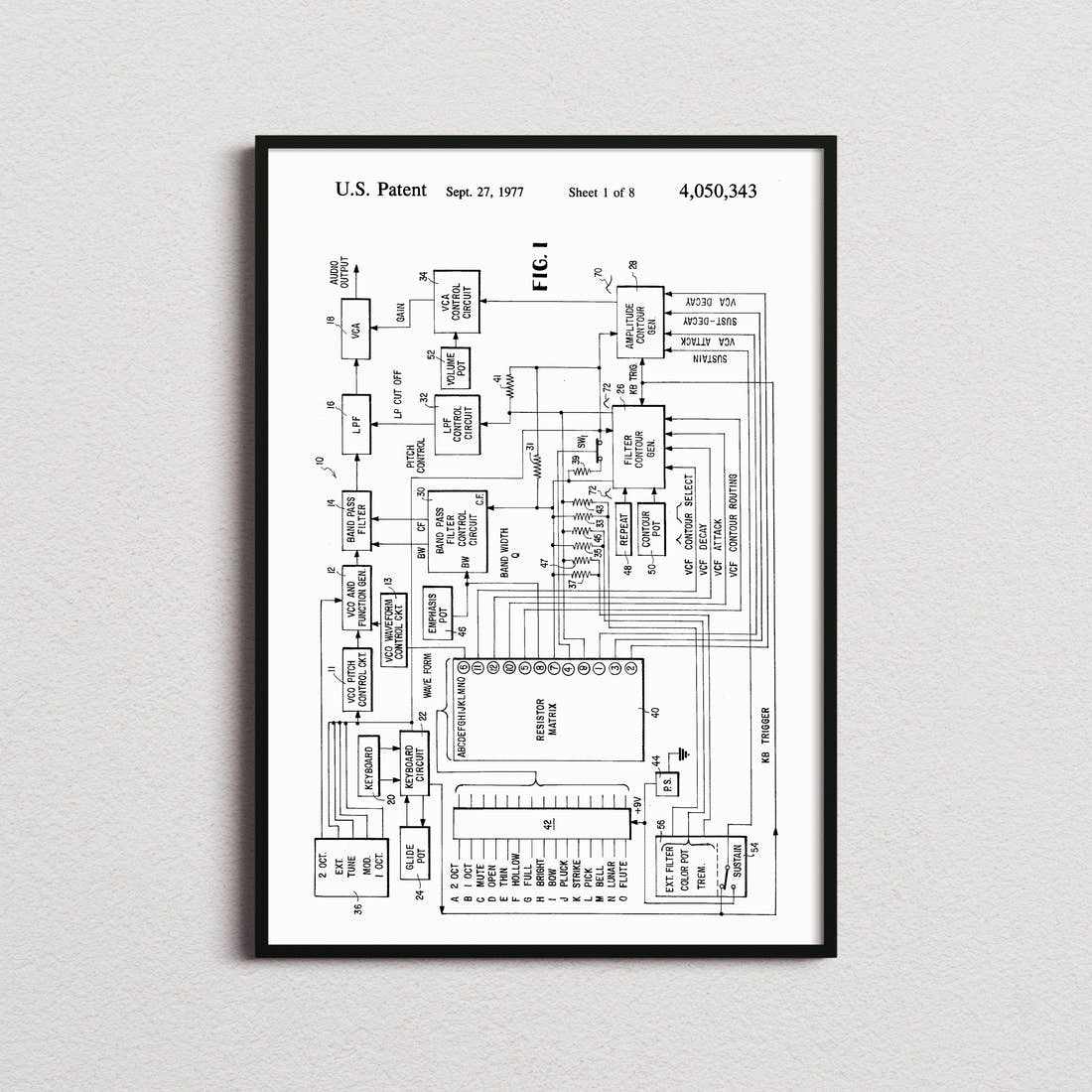 Electronic Music Synthesizer Patent Print in the white colourway, framed