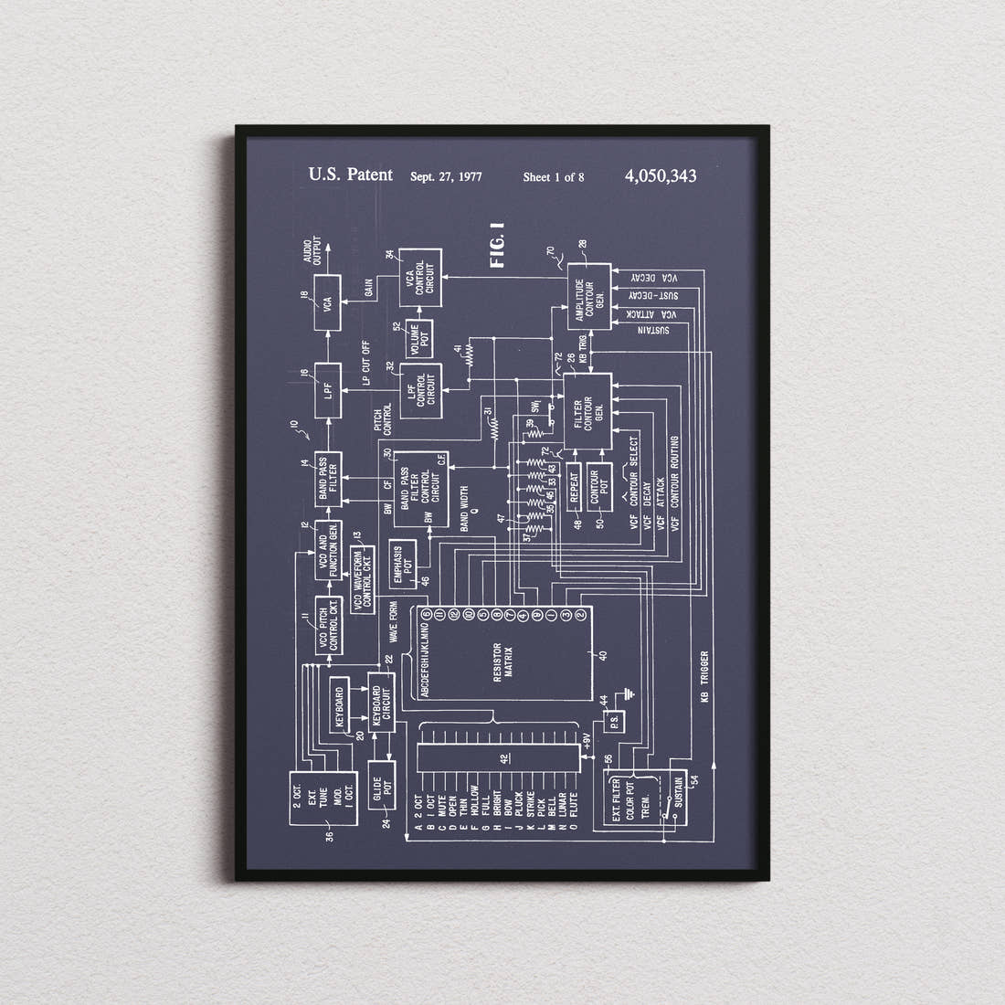 Electronic Music Synthesizer Patent Print in the navy colourway, framed