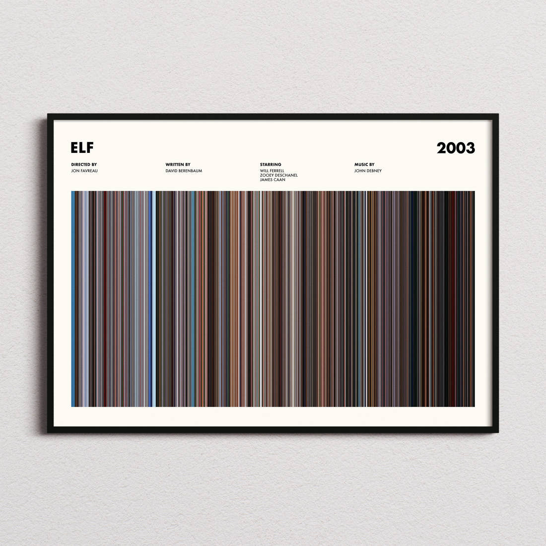Elf Movie Barcode Poster framed and photographed straight on
