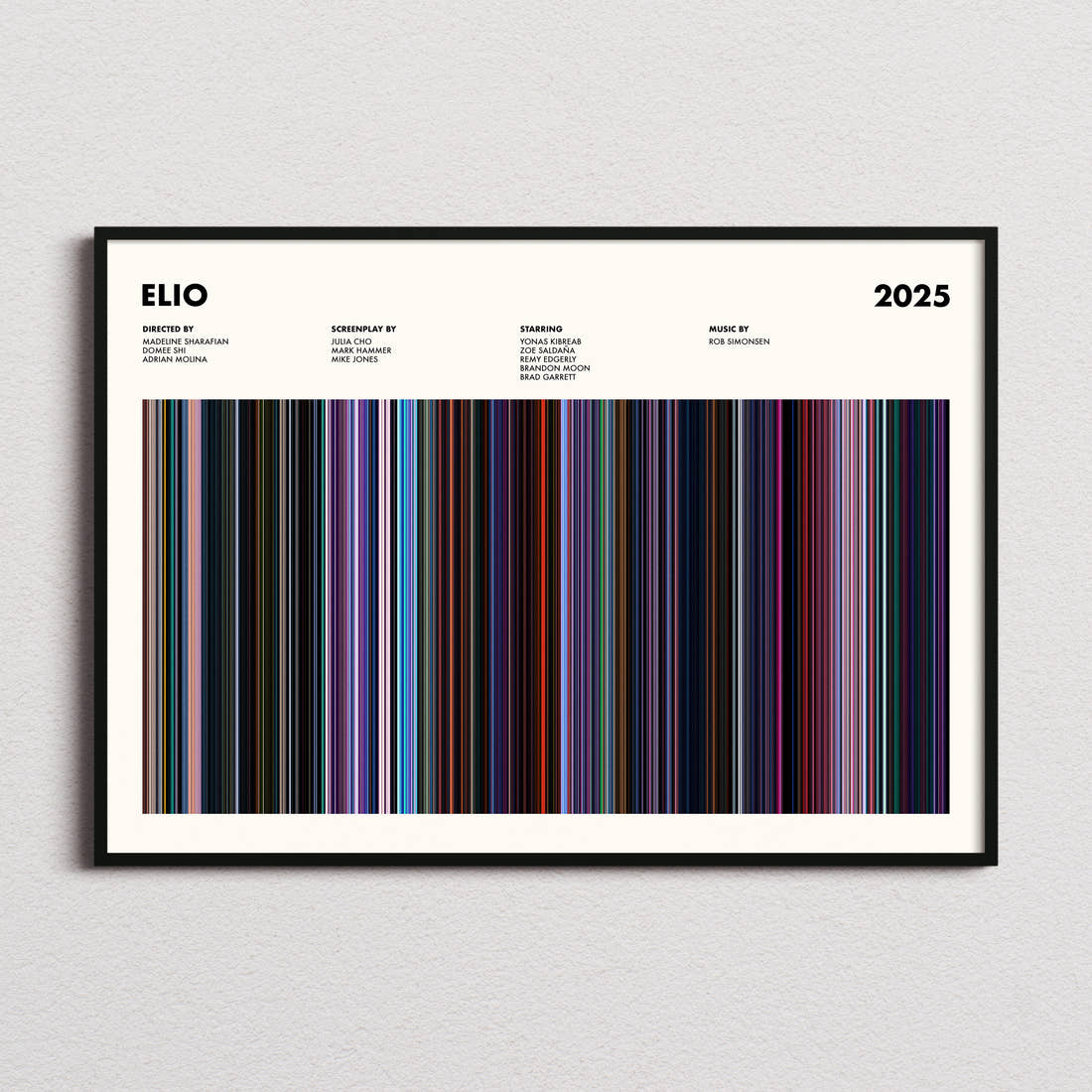 Elio Movie Barcode Poster framed and photographed straight on
