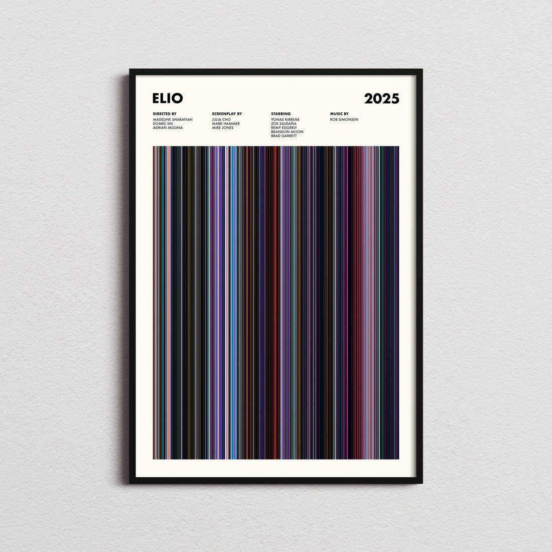 Elio Movie Barcode Poster framed on a plain studio wall