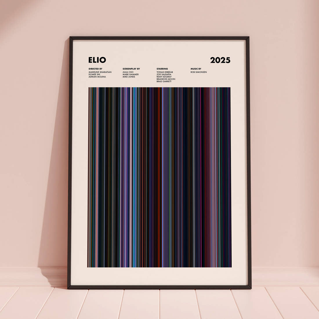 Elio Movie Barcode Poster framed and leaning against a coloured wall