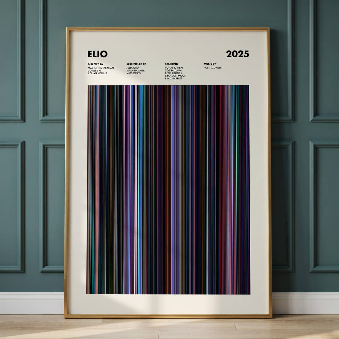 Elio Movie Barcode Poster framed and leaning against a panelled wall