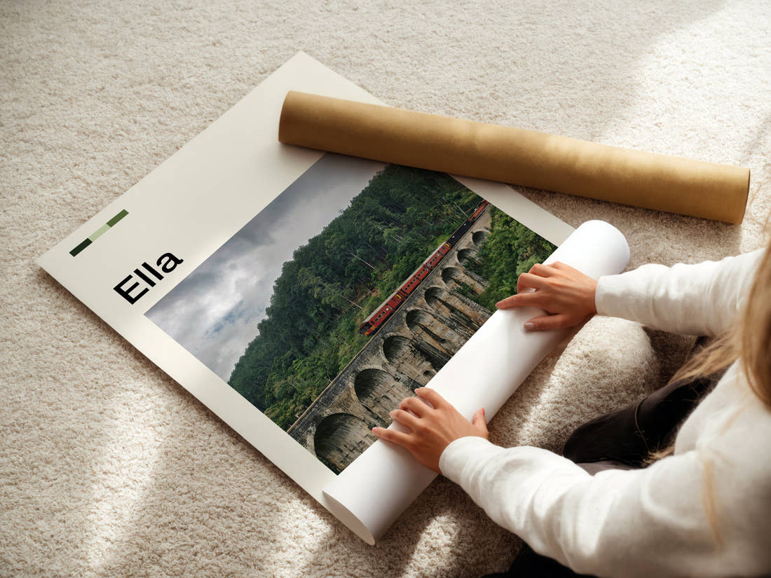 Ella Nine Arch Bridge Travel Print being unrolled from its postal tube