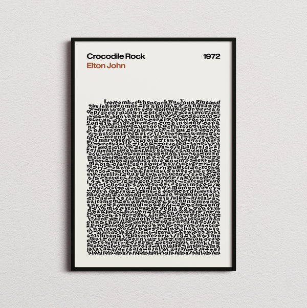 Elton John Crocodile Rock Lyric Print in the cream colourway, framed