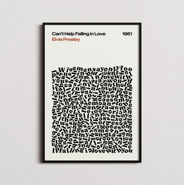 Elvis Presley Cant Help Falling In Love Lyric Print in the cream colourway, framed