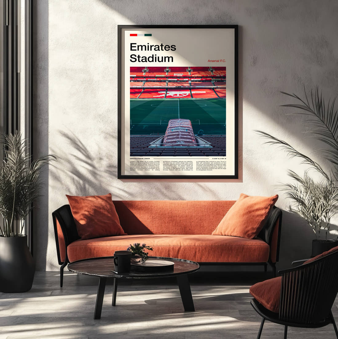 Emirates Stadium Print framed on the wall of a modern living room