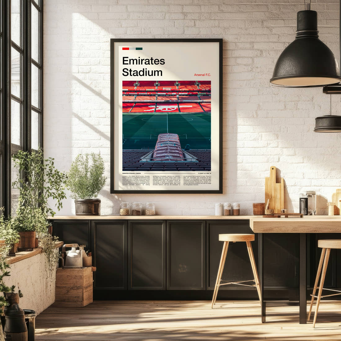 Emirates Stadium Print framed on the wall of a bright kitchen and dining space