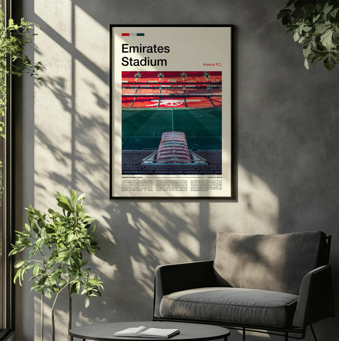 Emirates Stadium Print framed on the wall of a relaxed living room