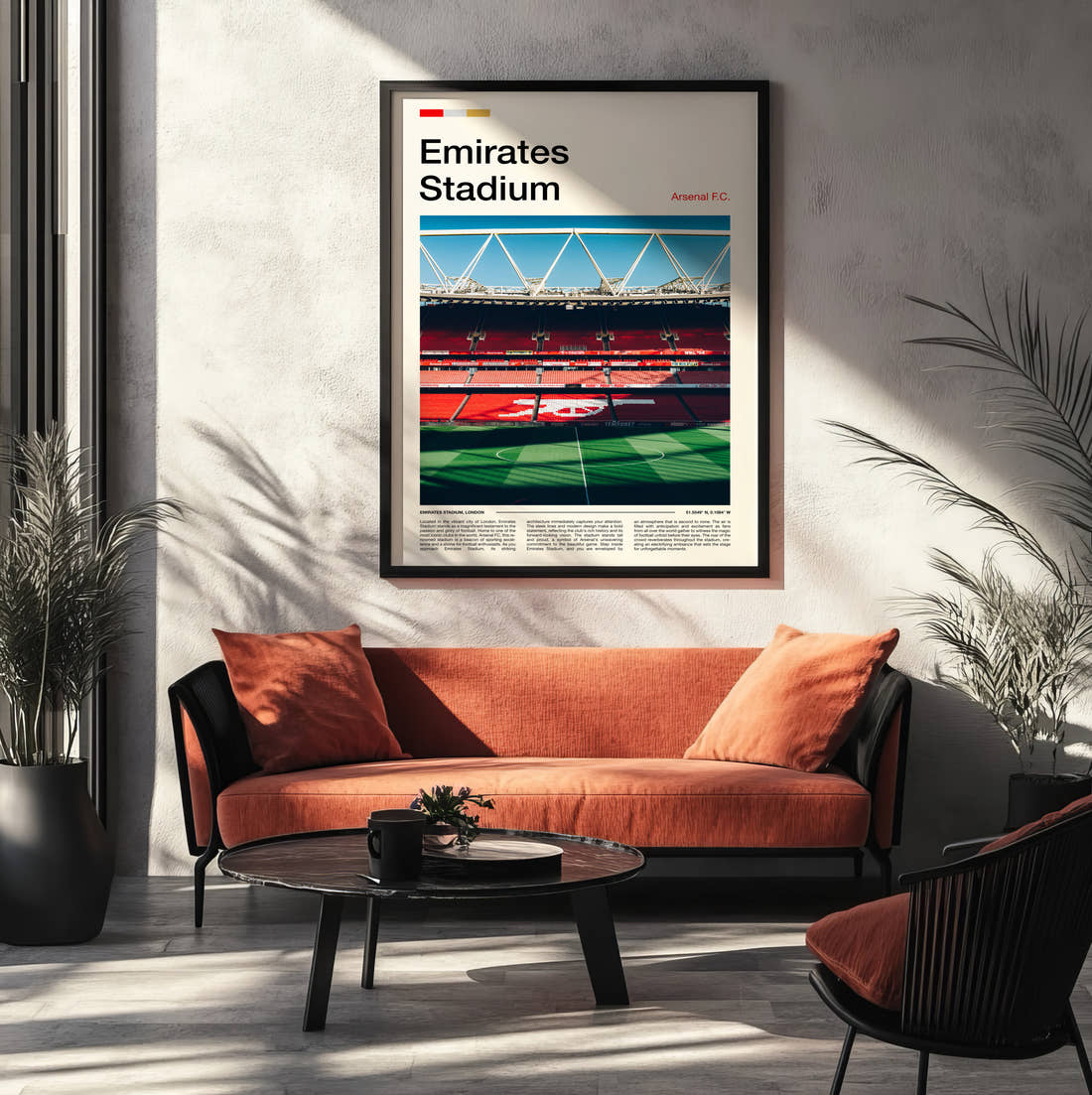 Emirates Stadium Print framed on the wall of a modern living room