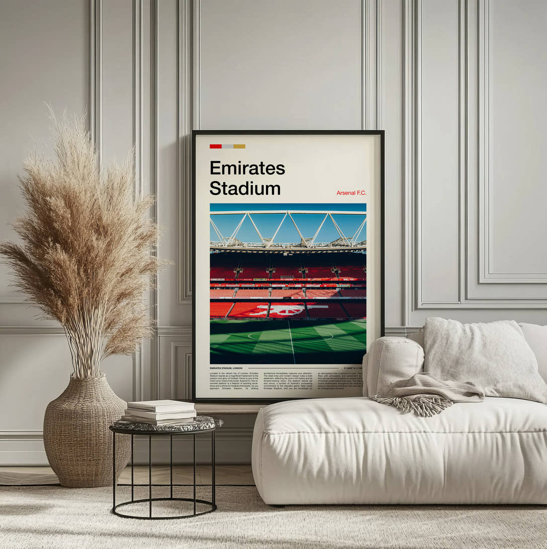 Emirates Stadium Print framed on the wall of a calm, neutral bedroom
