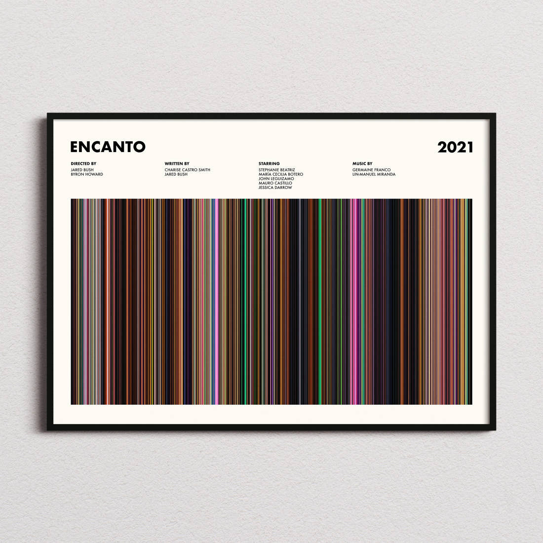 Encanto Movie Barcode Poster framed and photographed straight on