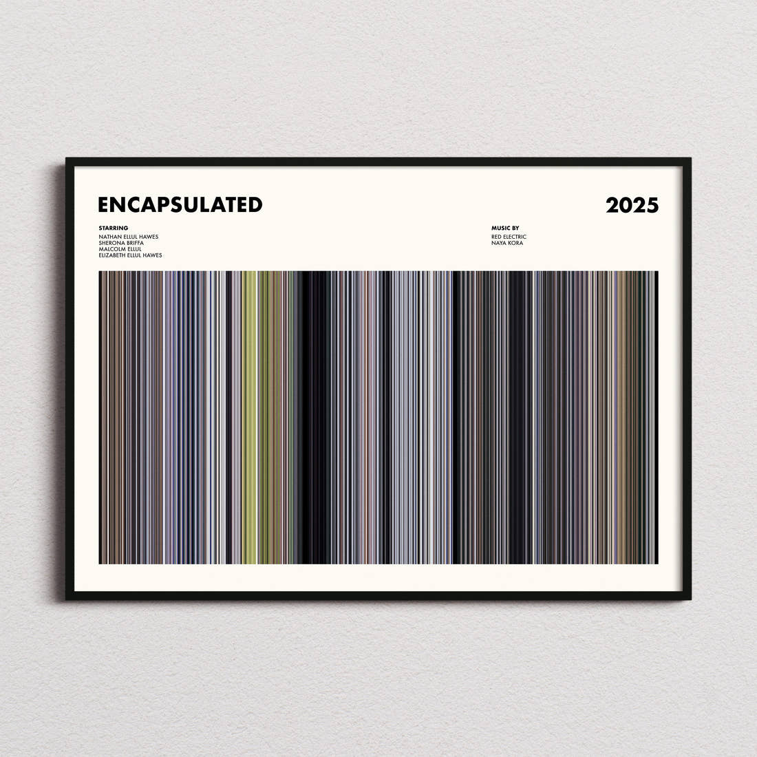Encapsulated Movie Barcode Poster framed and photographed straight on