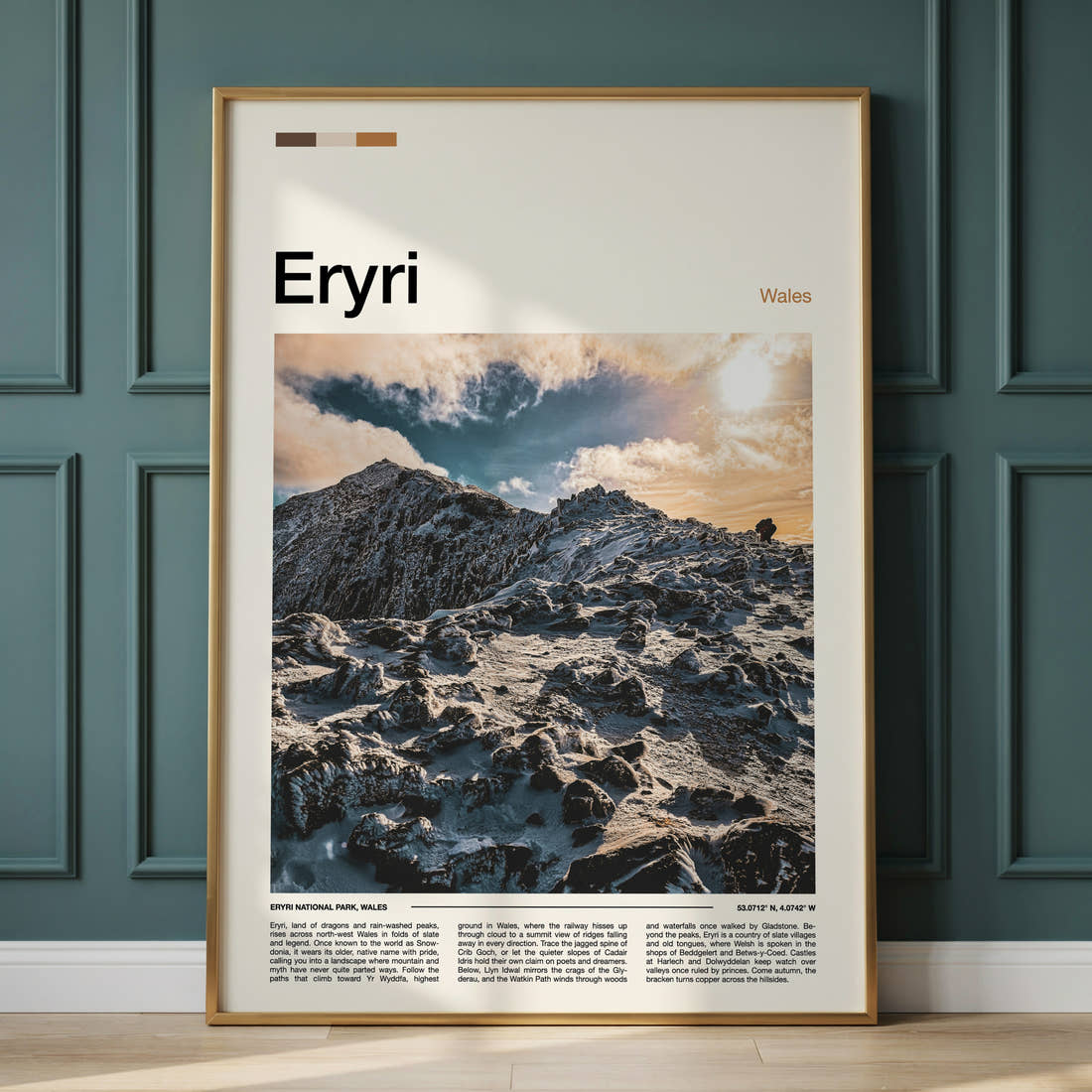 Eryri Snow-Capped Ridge Travel Print framed on the wall of a calm, neutral bedroom