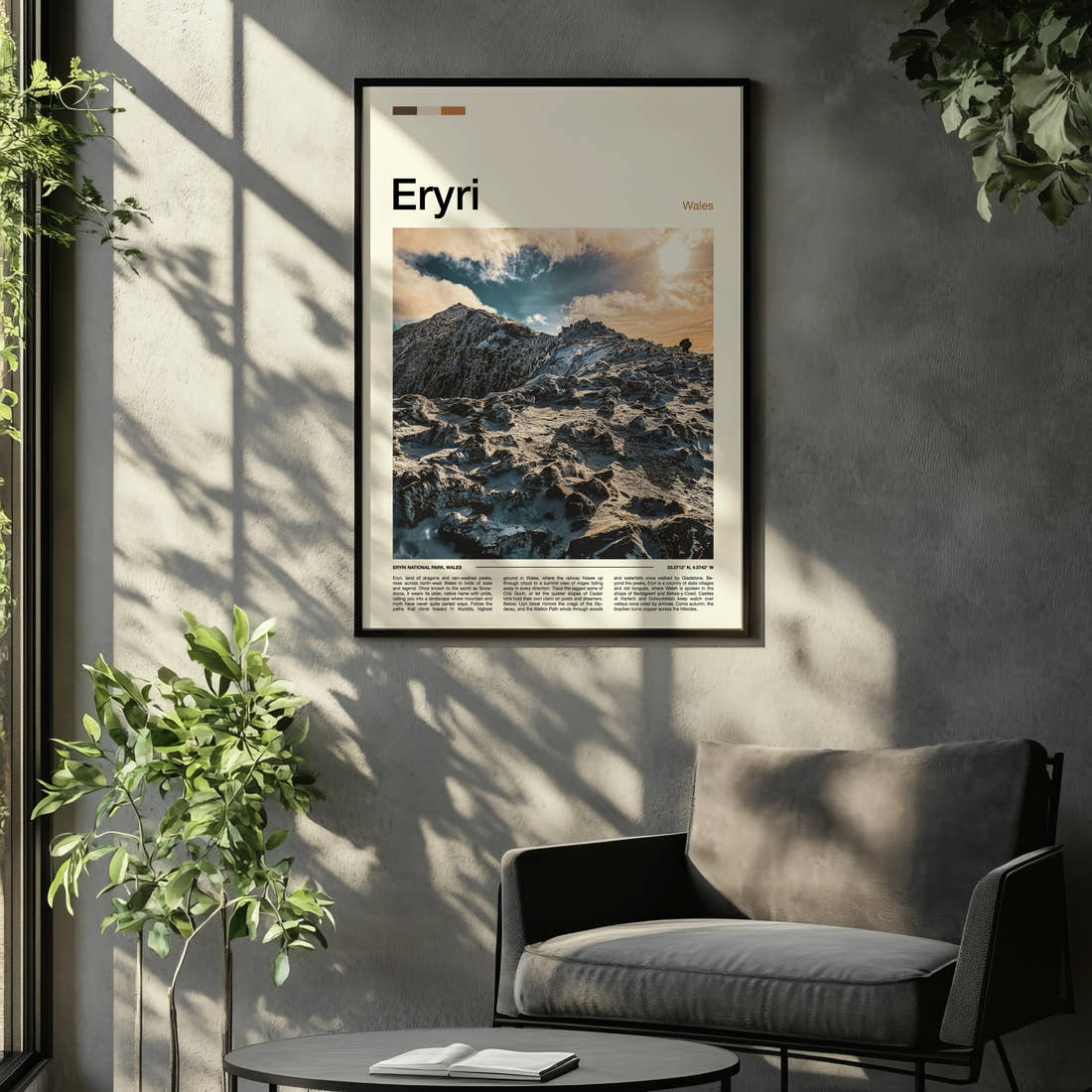 Eryri Snow-Capped Ridge Travel Print framed on the wall of a relaxed living room