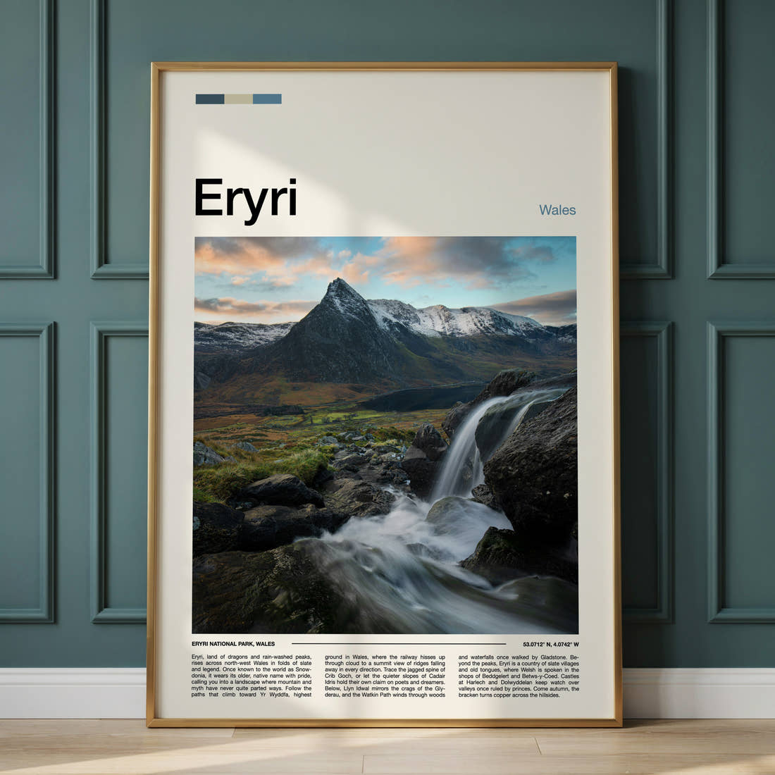 Eryri Waterfall And Peak Travel Print framed on the wall of a calm, neutral bedroom