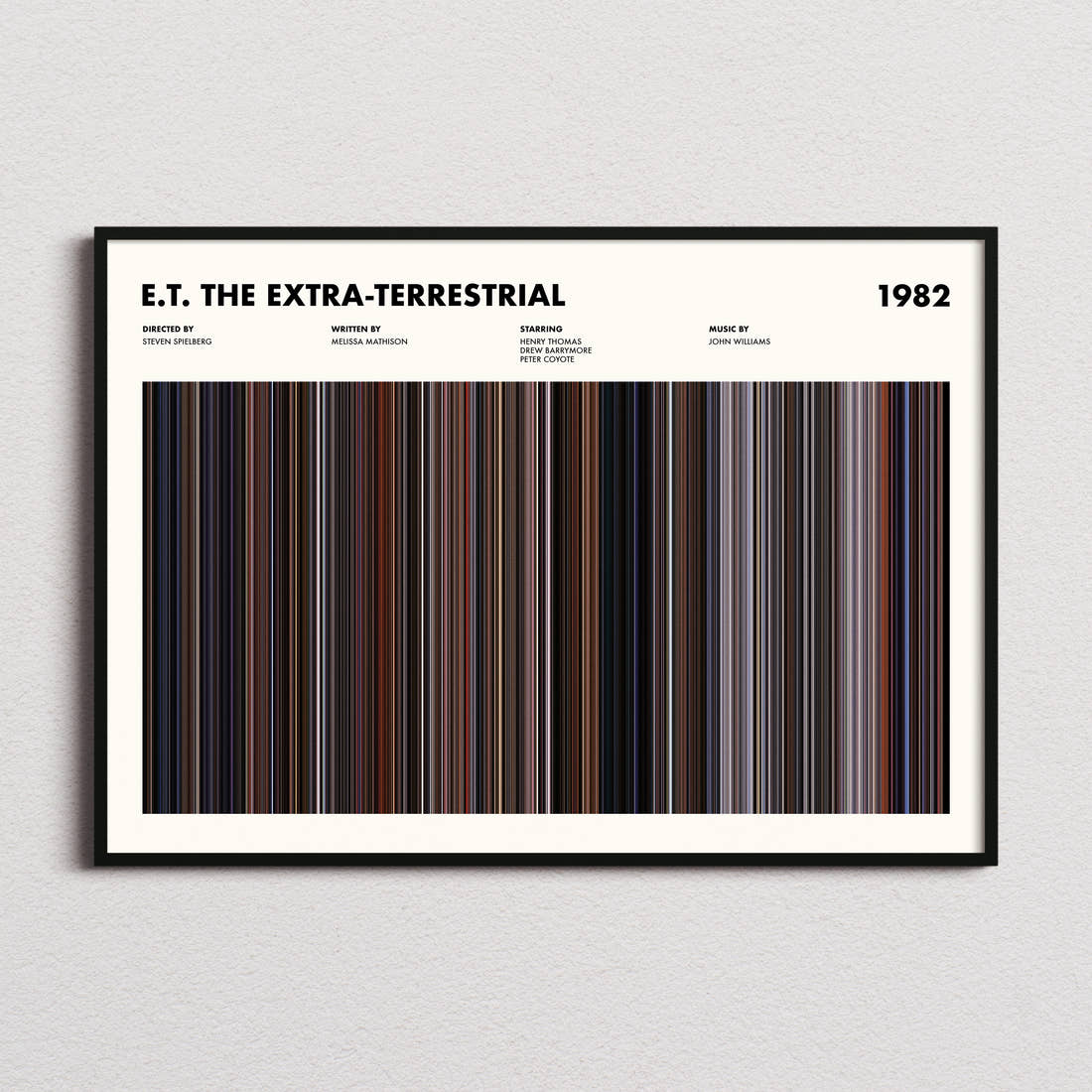E.T. the Extra-Terrestrial Movie Barcode Poster framed and photographed straight on