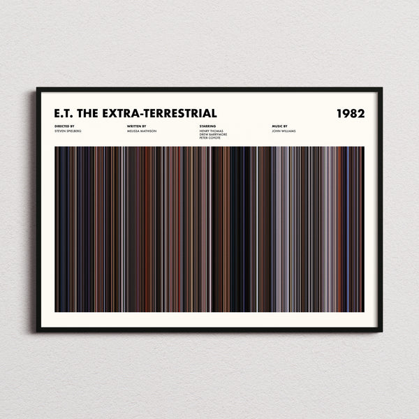 E.T. the Extra-Terrestrial Movie Barcode Poster framed and photographed straight on