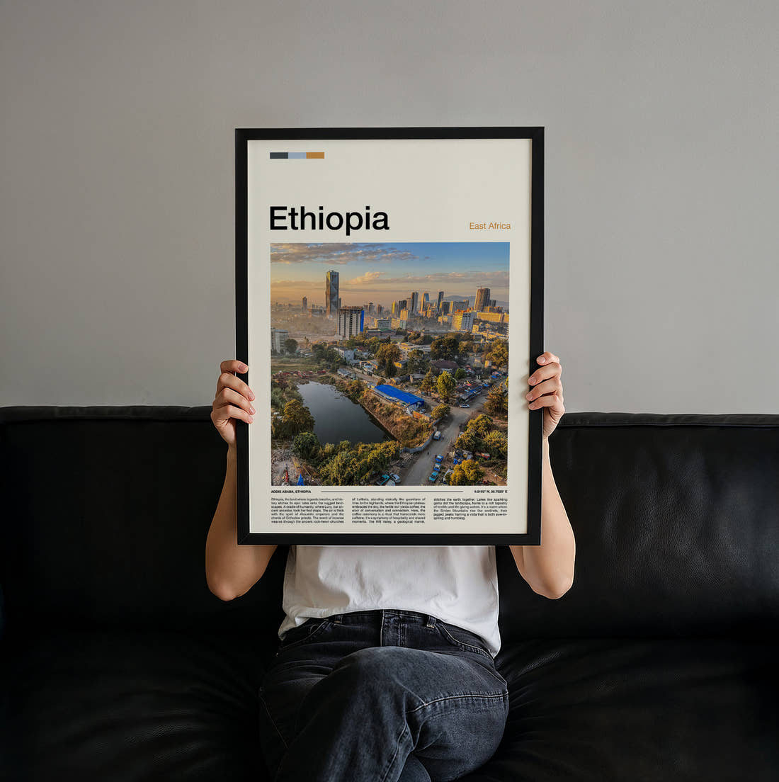 Ethiopia Aerial City View Travel Print held up by hand to show the size of the print