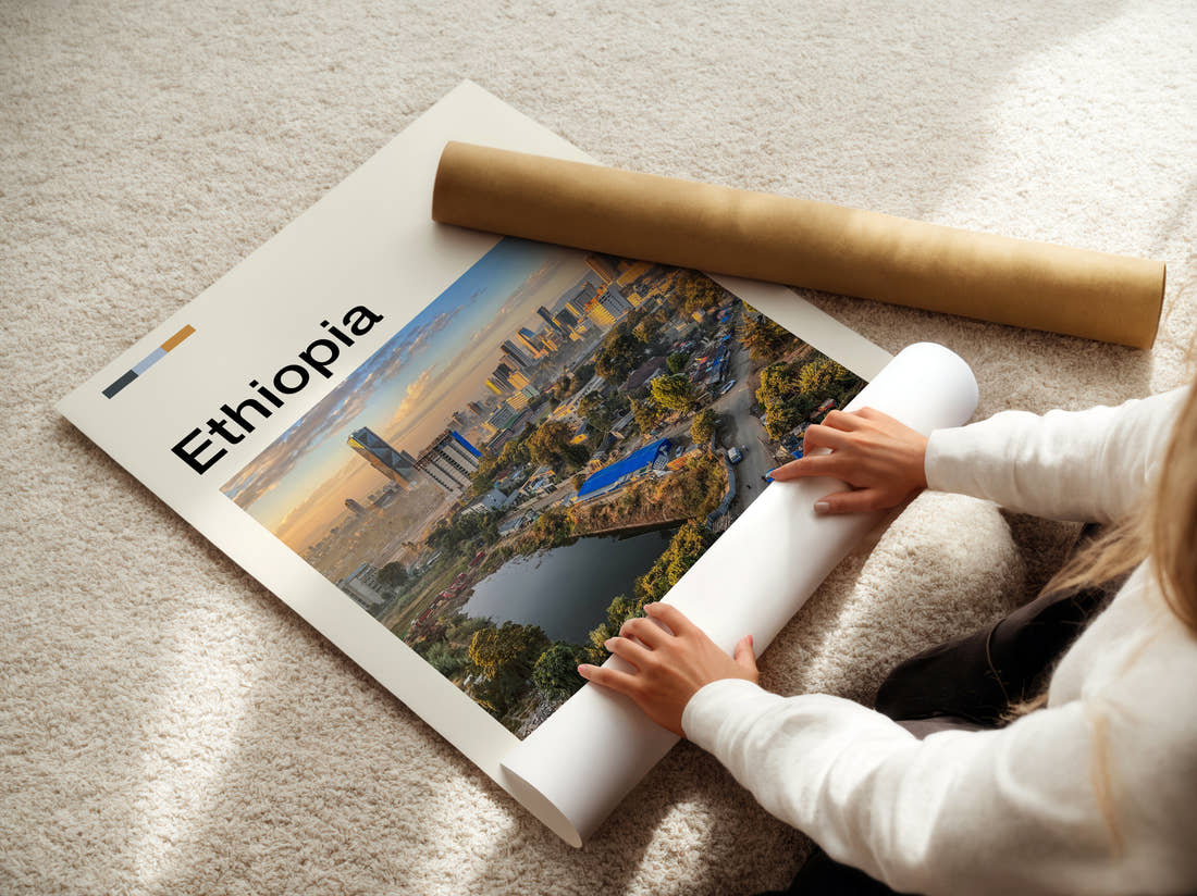 Ethiopia Aerial City View Travel Print being unrolled from its postal tube