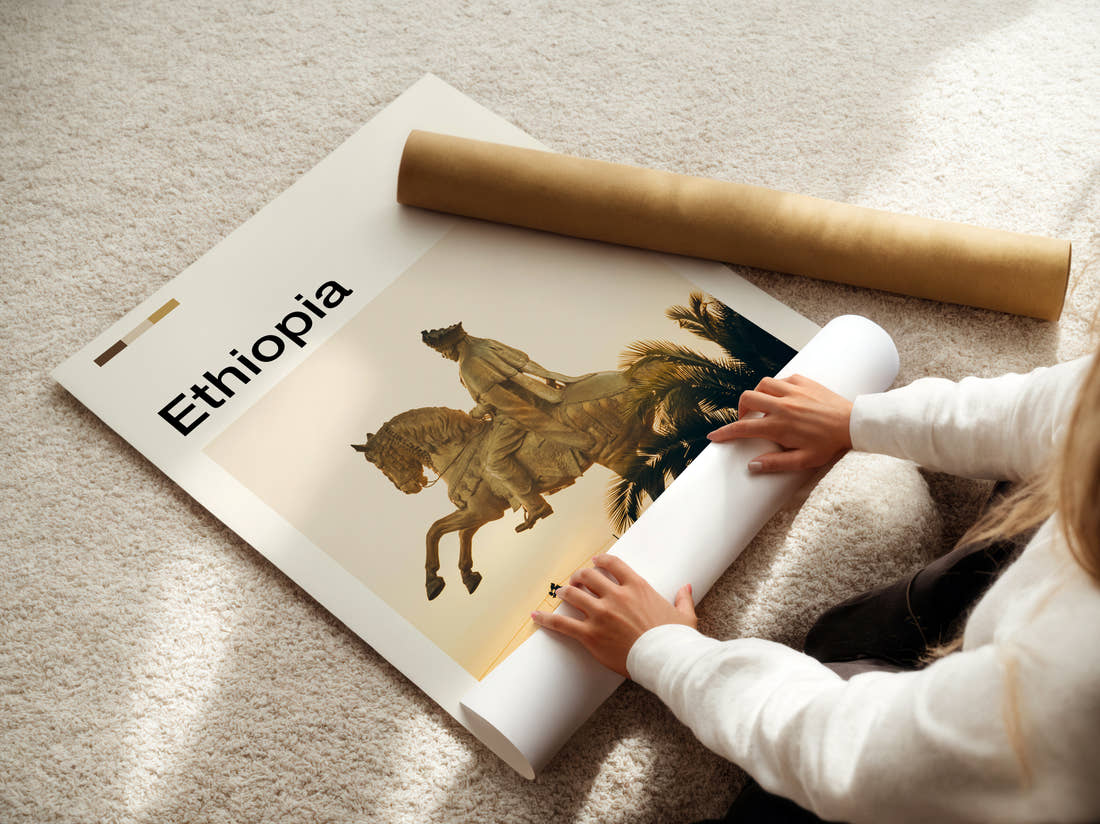 Ethiopia Golden Equestrian Statue Travel Print being unrolled from its postal tube