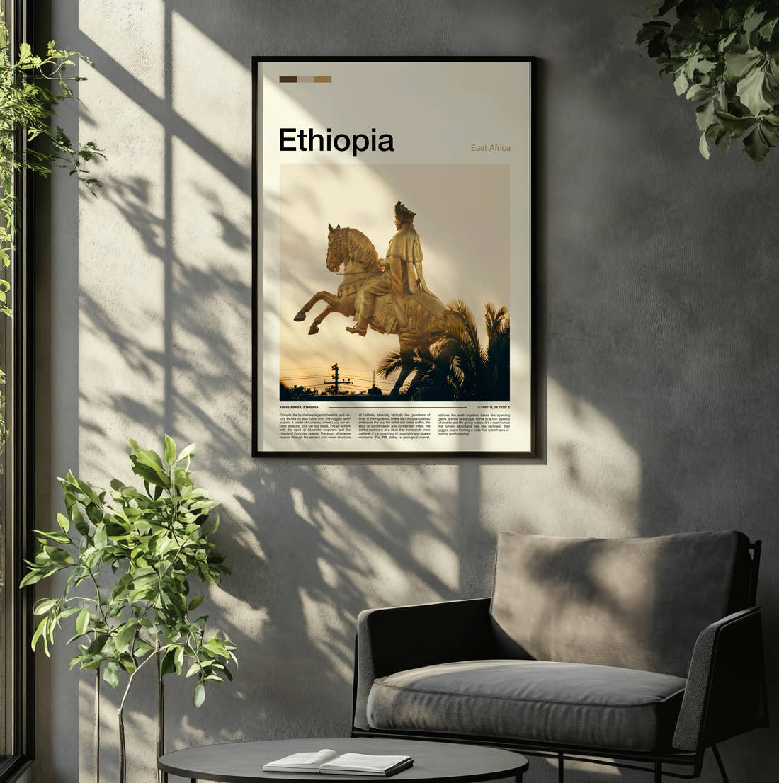 Ethiopia Golden Equestrian Statue Travel Print framed on the wall of a relaxed living room
