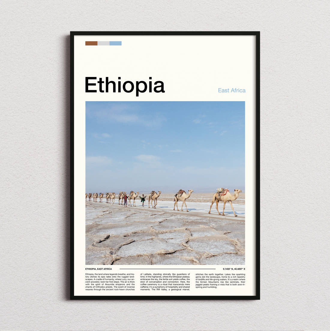 Ethiopia Camels On Salt Flats Travel Print framed and photographed straight on