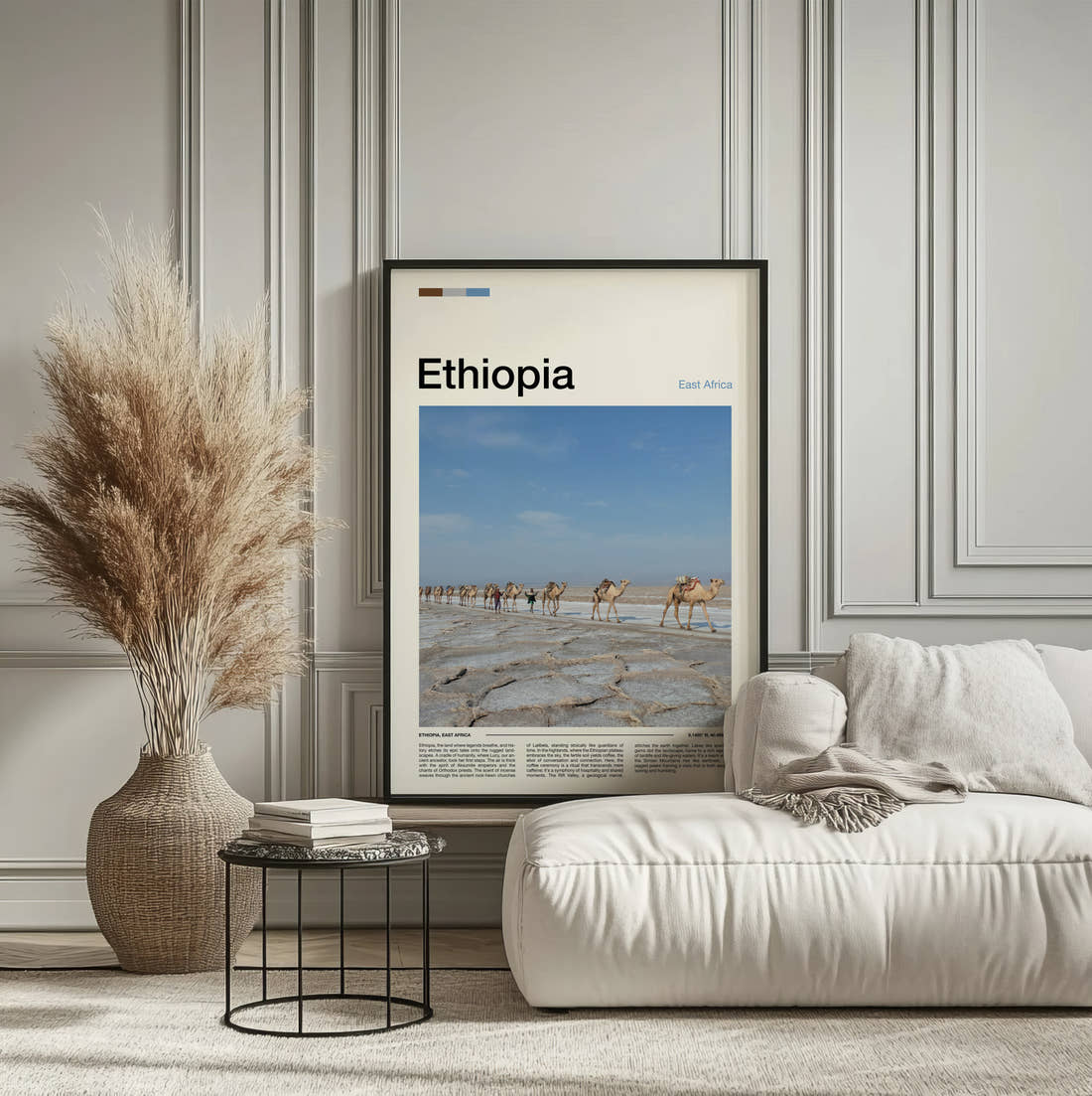 Ethiopia Camels On Salt Flats Travel Print framed on the wall of a calm, neutral bedroom