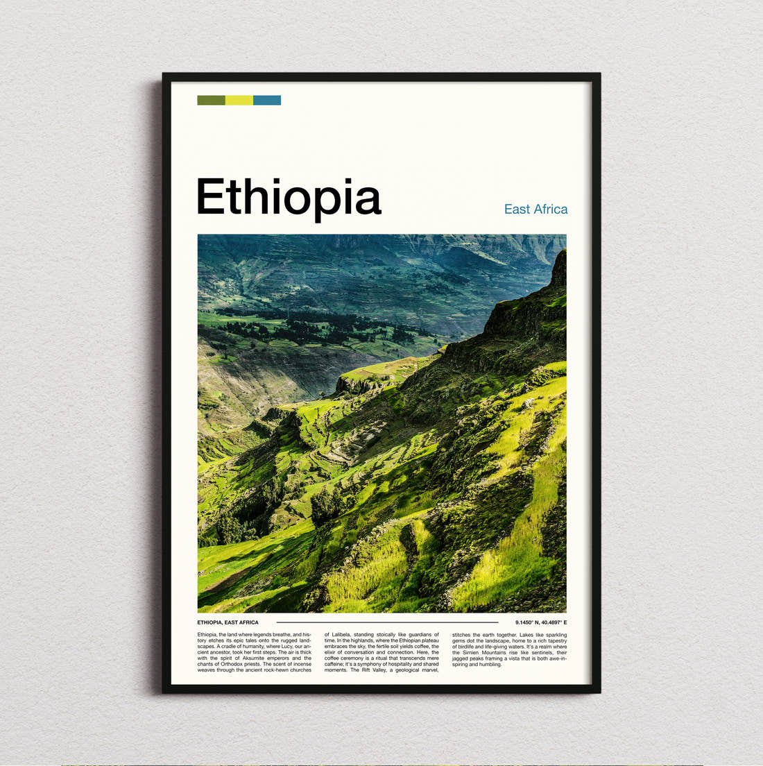Ethiopia Green Mountain Valley Travel Print framed and photographed straight on