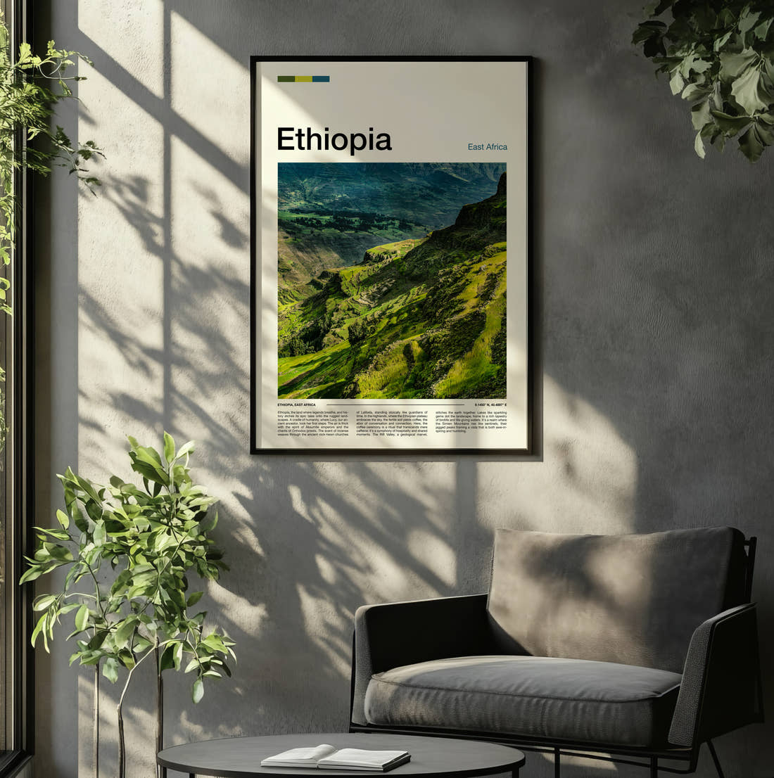 Ethiopia Green Mountain Valley Travel Print framed on the wall of a relaxed living room
