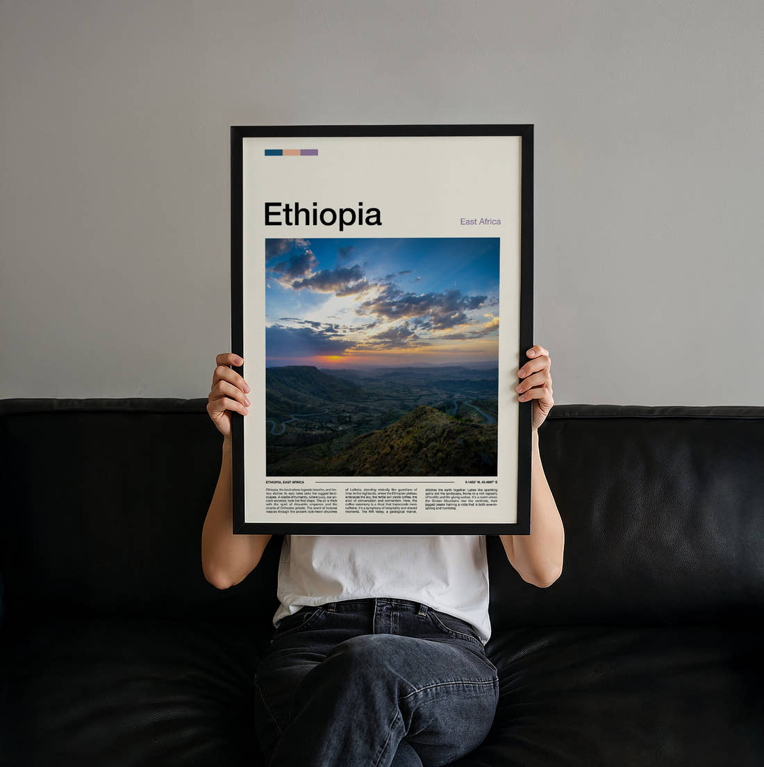 Ethiopia Sunset Over The Hills Travel Print held up by hand to show the size of the print