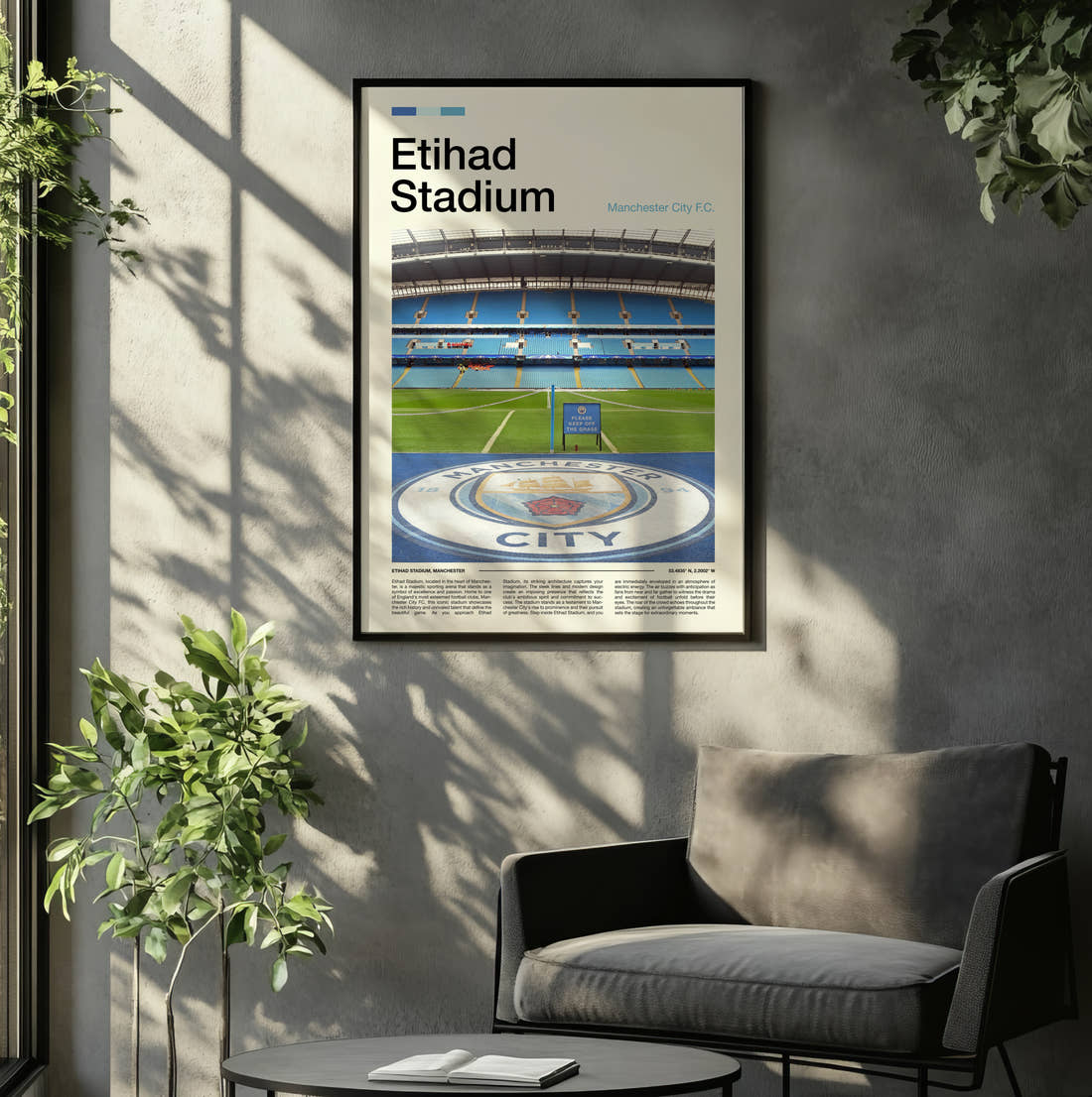 Etihad Stadium Print framed on the wall of a relaxed living room