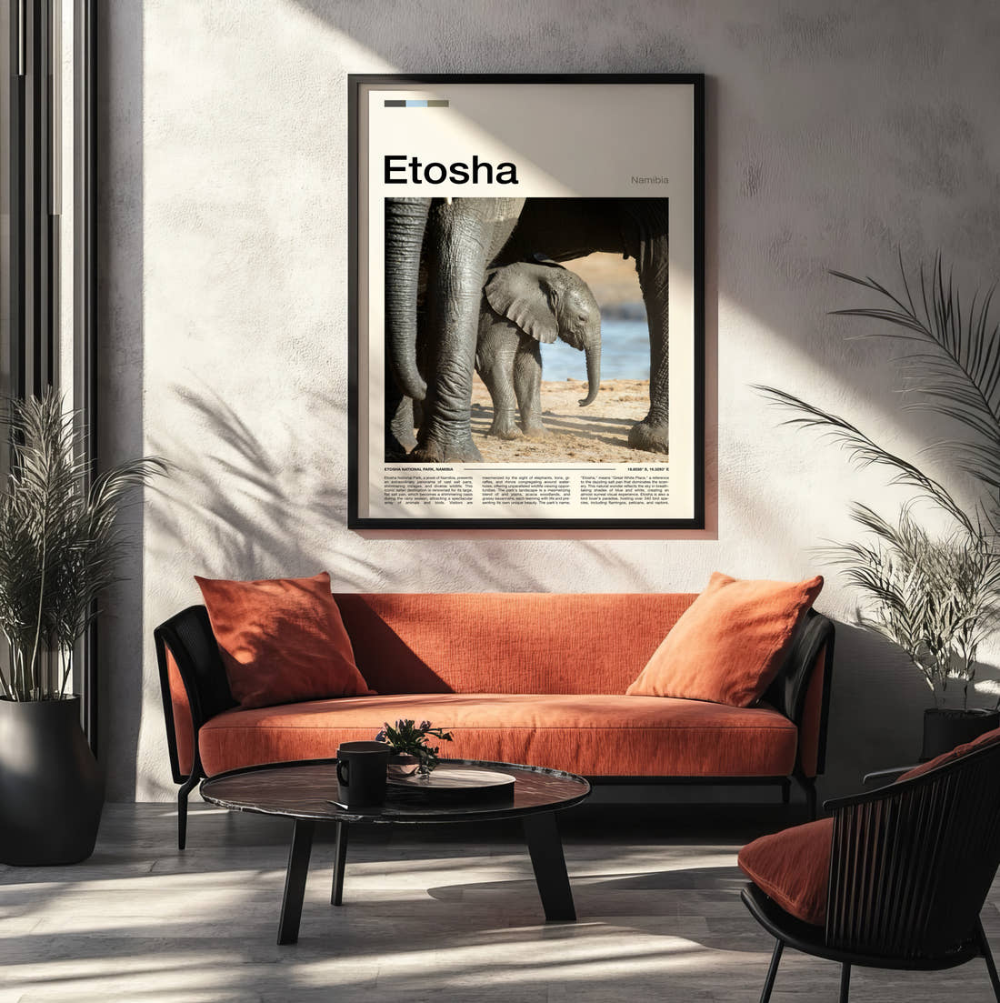 Etosha Baby Elephant Travel Print framed on the wall of a modern living room