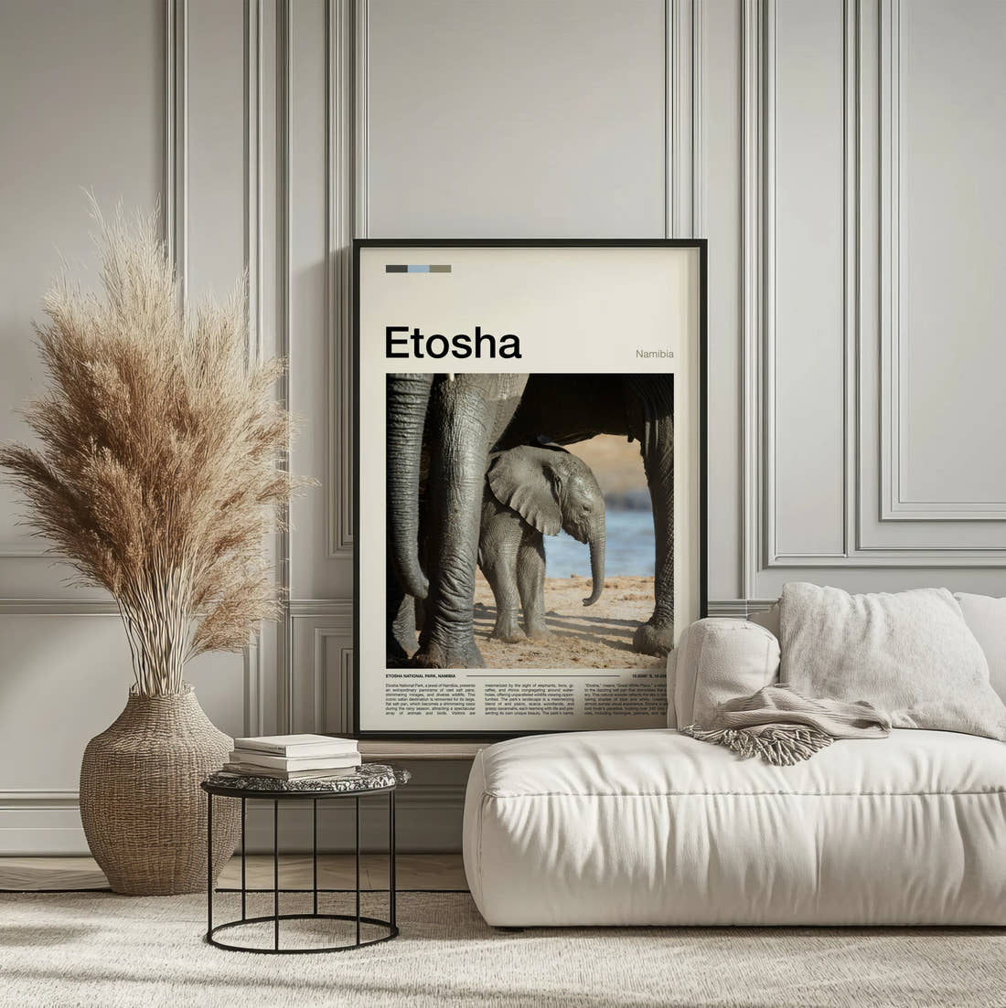 Etosha Baby Elephant Travel Print framed on the wall of a calm, neutral bedroom