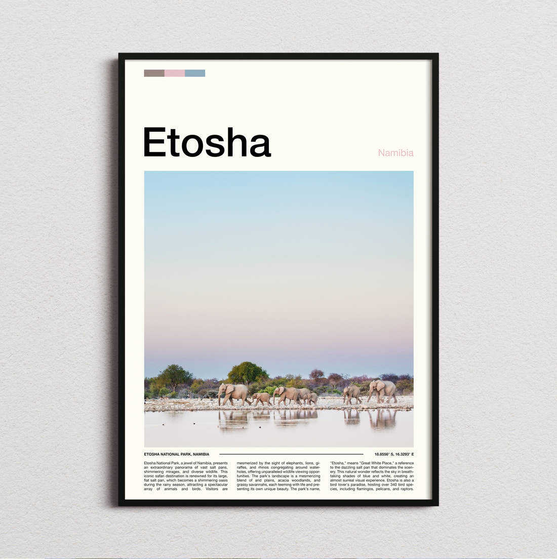 Etosha Elephants At The Waterhole Travel Print framed and photographed straight on