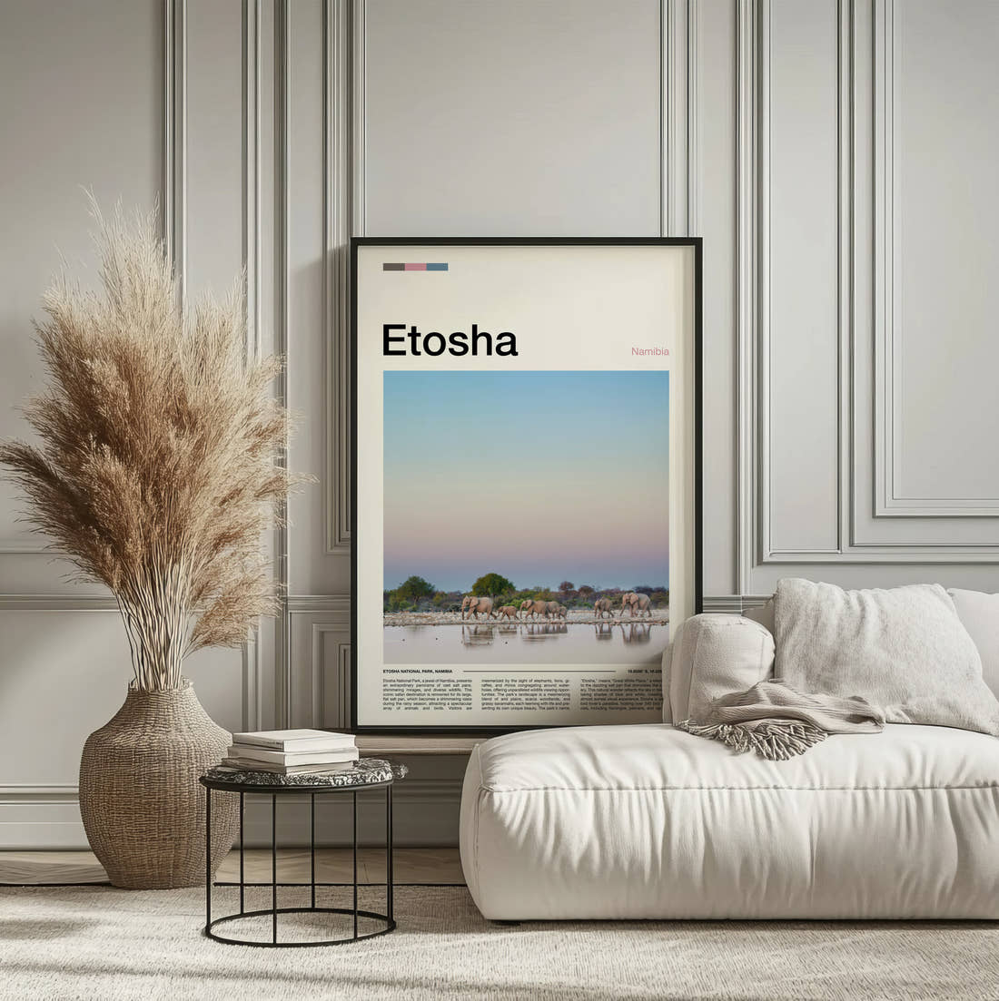 Etosha Elephants At The Waterhole Travel Print framed on the wall of a calm, neutral bedroom