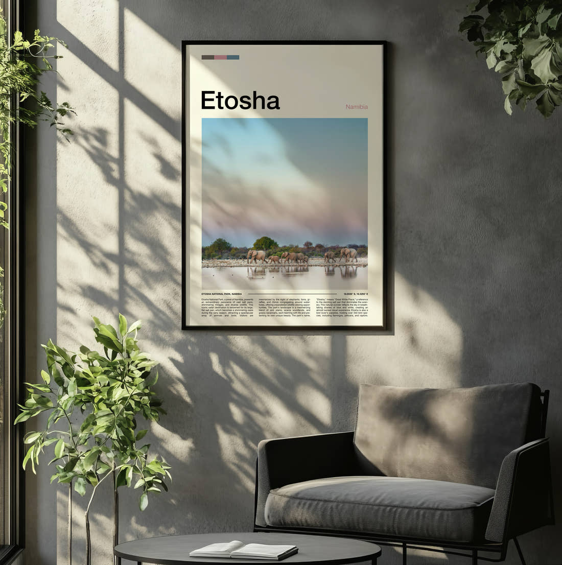 Etosha Elephants At The Waterhole Travel Print framed on the wall of a relaxed living room