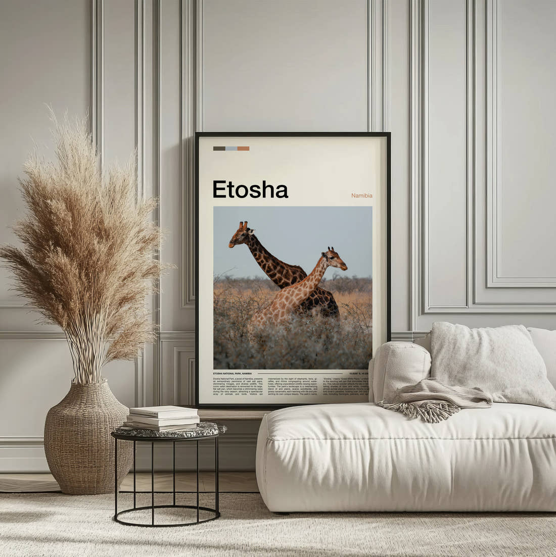 Etosha Giraffes In The Grassland Travel Print framed on the wall of a calm, neutral bedroom
