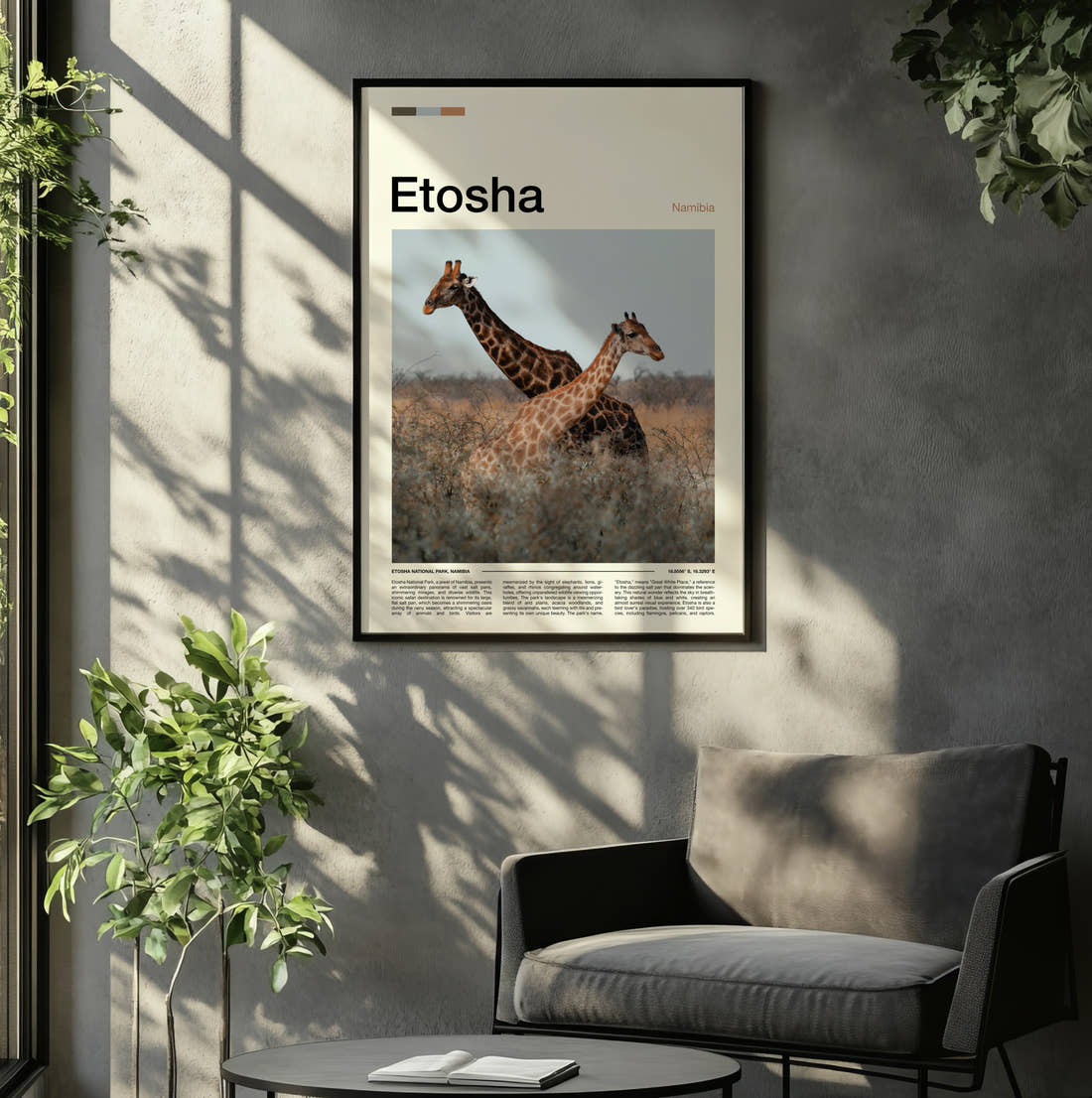 Etosha Giraffes In The Grassland Travel Print framed on the wall of a relaxed living room