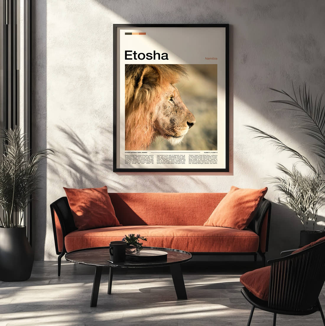 Etosha Lion Portrait Travel Print framed on the wall of a modern living room
